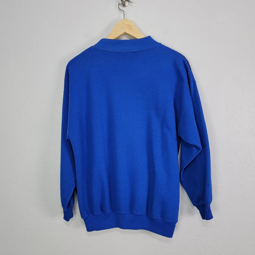 Vintage 80s Extravagannza Mock Neck Abstract Royal Blue Sweatshirt Size Large - Picture 13 of 17